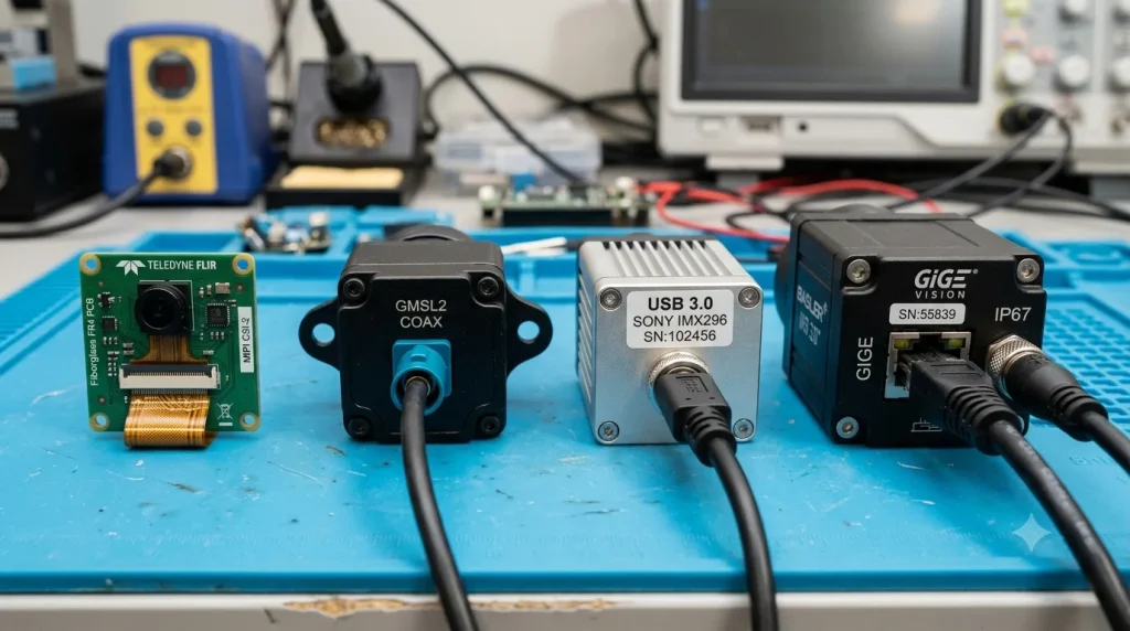 A side-by-side product photo of four industrial camera modules showing MIPI flexible flat cable, GMSL coaxial, USB 3.0 screw-lock, and GigE Vision Ethernet interfaces on a lab bench.