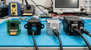 A side-by-side product photo of four industrial camera modules showing MIPI flexible flat cable, GMSL coaxial, USB 3.0 screw-lock, and GigE Vision Ethernet interfaces on a lab bench.