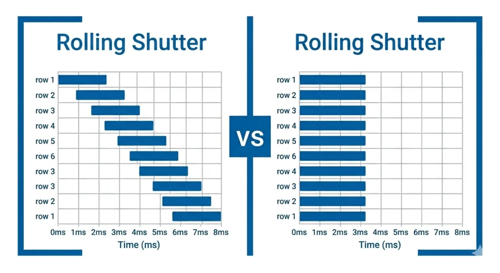 Diagram comparing rolling shutter sequential row exposure timing versus global shutter simultaneous full-frame exposure timing