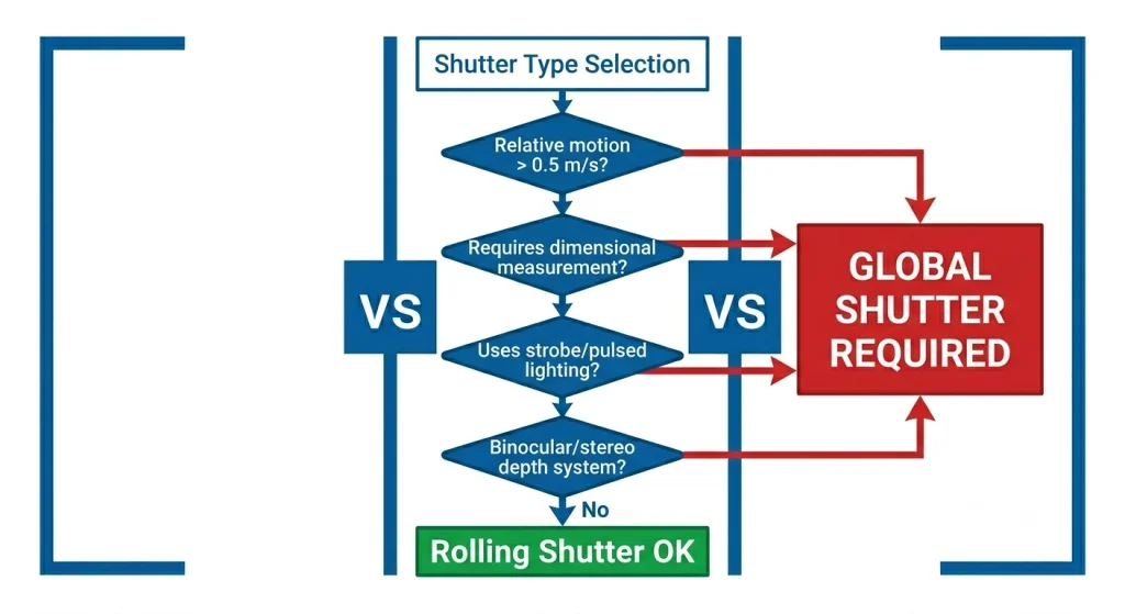 Decision flowchart for choosing global shutter or rolling shutter camera module based on relative motion speed, measurement requirements, strobe lighting, and stereo vision