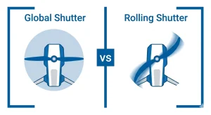 Global shutter vs rolling shutter camera module comparison showing a sharp frozen propeller image versus a skewed jello-effect propeller image