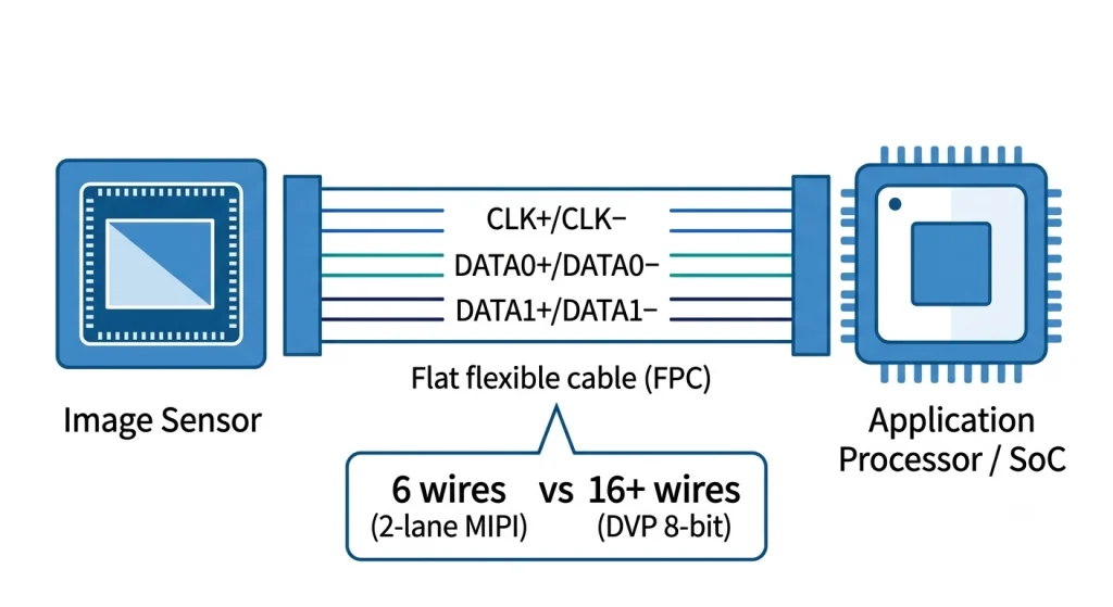 MIPI CSI-2 interface diagram showing 2-lane differential pair connection between camera sensor and SoC over FPC flat flex cable