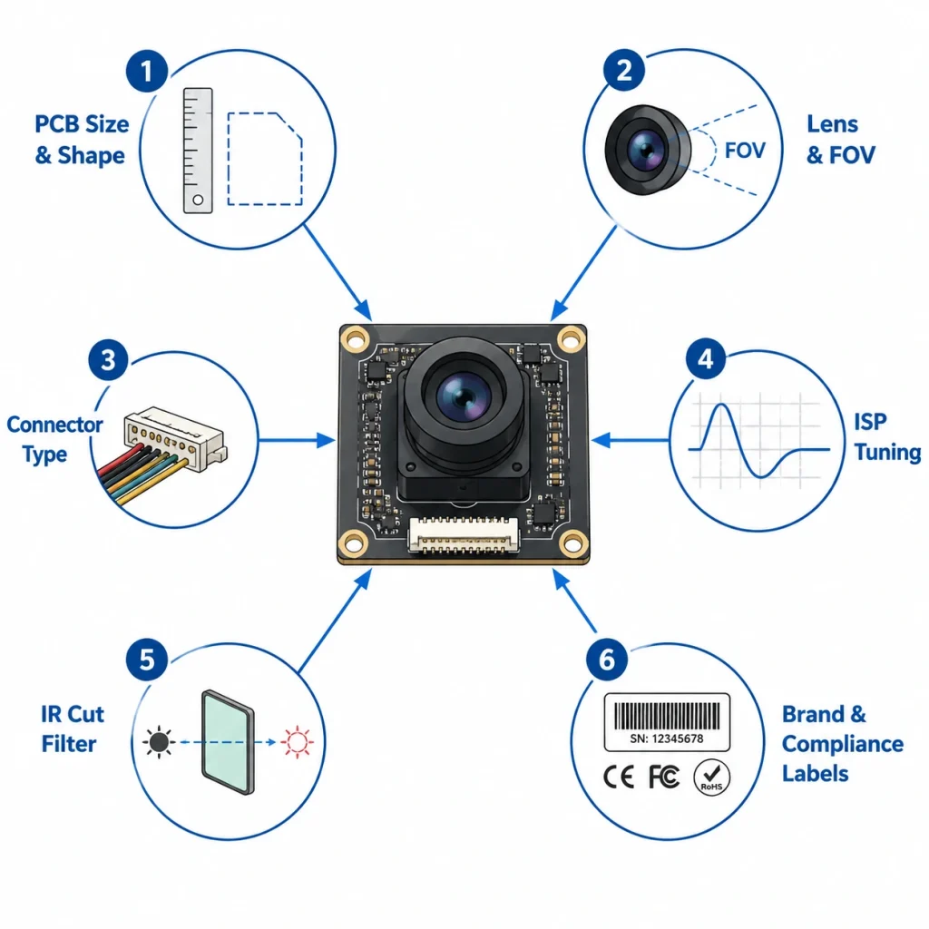ODM camera module customization options diagram showing PCB size, lens, connector, ISP tuning, IRCF, and labeling