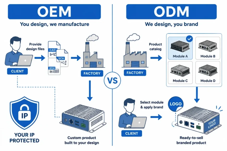 OEM vs ODM camera module side-by-side diagram showing design ownership and customization paths