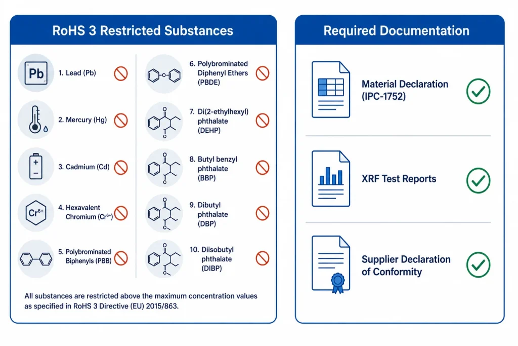 RoHS 3 restricted substances list and camera module compliance documentation checklist including material declaration and test reports