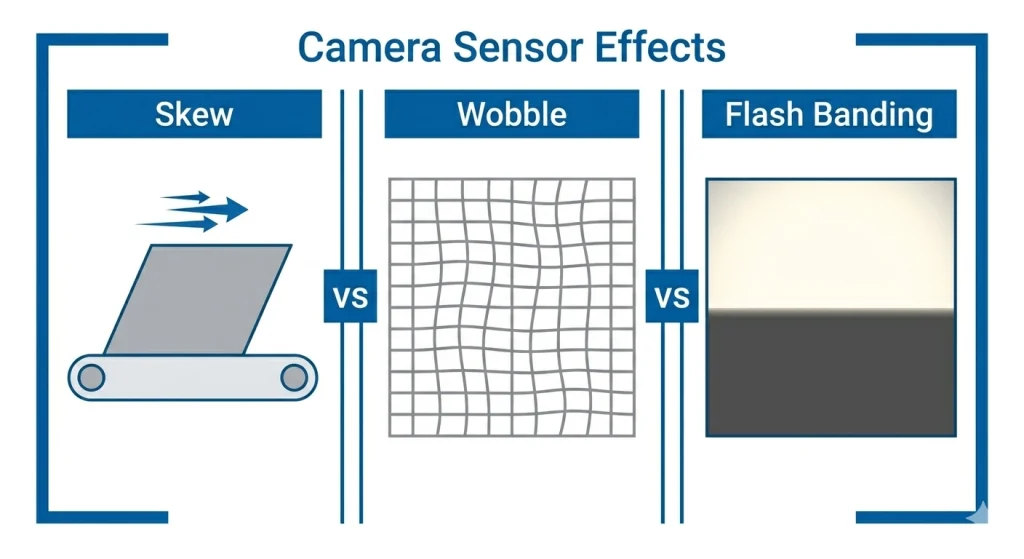 Three rolling shutter artifact examples showing skew distortion on moving objects, wobble distortion from vibration, and partial flash banding