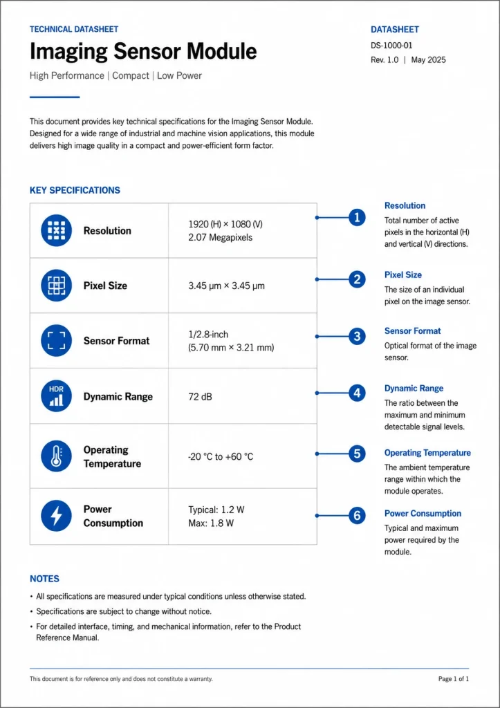Sample Smeiker camera module datasheet page with key specification rows annotated for resolution pixel size and dynamic range