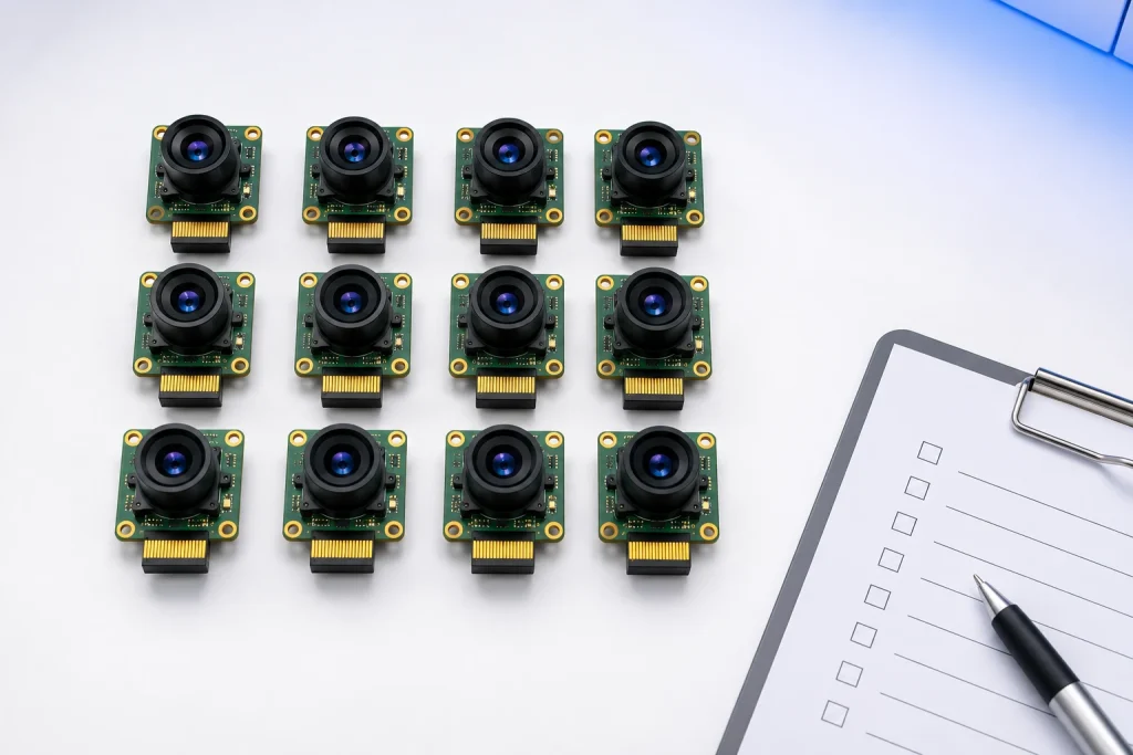 Smeiker camera module DVT sample batch of 20 units arranged for unit-to-unit consistency evaluation and ISP tuning validation