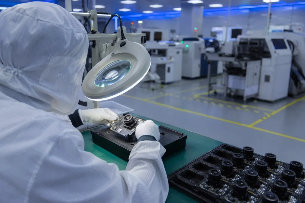 Smeiker camera module factory cleanroom lens assembly and AOI electrical test quality control line