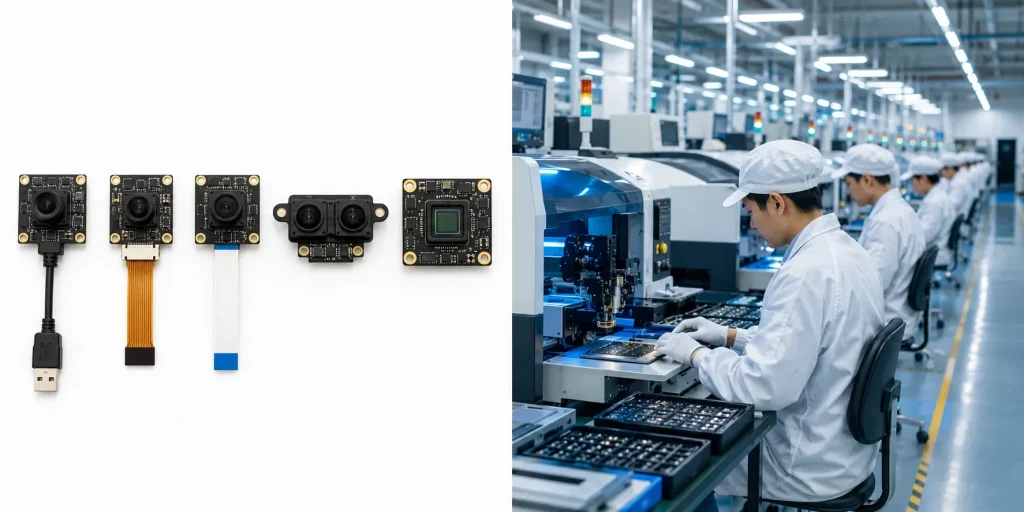Smeiker camera module manufacturer product lineup including USB MIPI DVP binocular and global shutter modules with factory assembly line