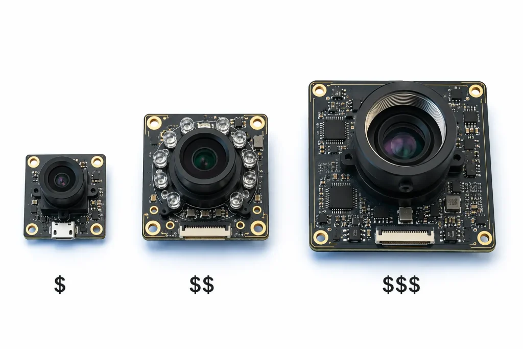 Smeiker camera module product lineup showing price range from standard USB module to global shutter industrial module with active alignment