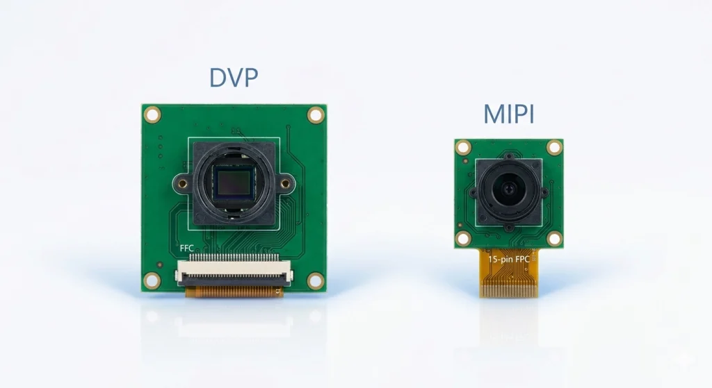 Smeiker DVP and MIPI camera module product lineup showing parallel interface module and MIPI FPC flex cable module side by side