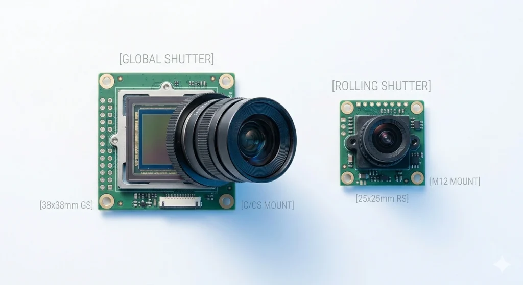Smeiker global shutter and rolling shutter camera module lineup featuring Sony IMX296 and IMX415 sensor modules side by side