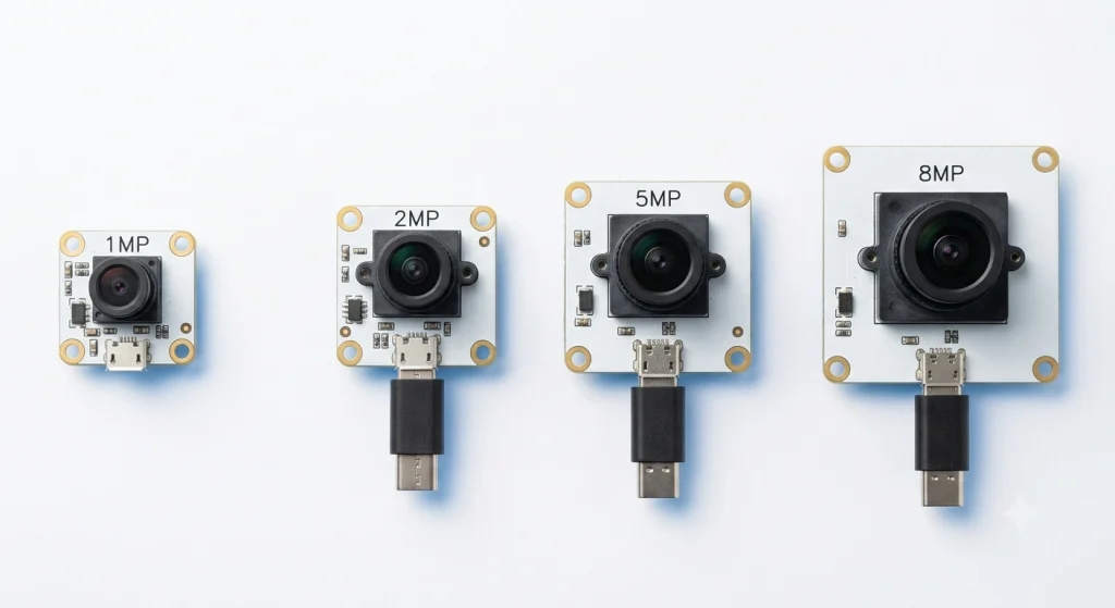 Smeiker USB camera module product lineup showing 1MP to 8MP UVC compliant modules with M12 lens for kiosk terminal and industrial applications
