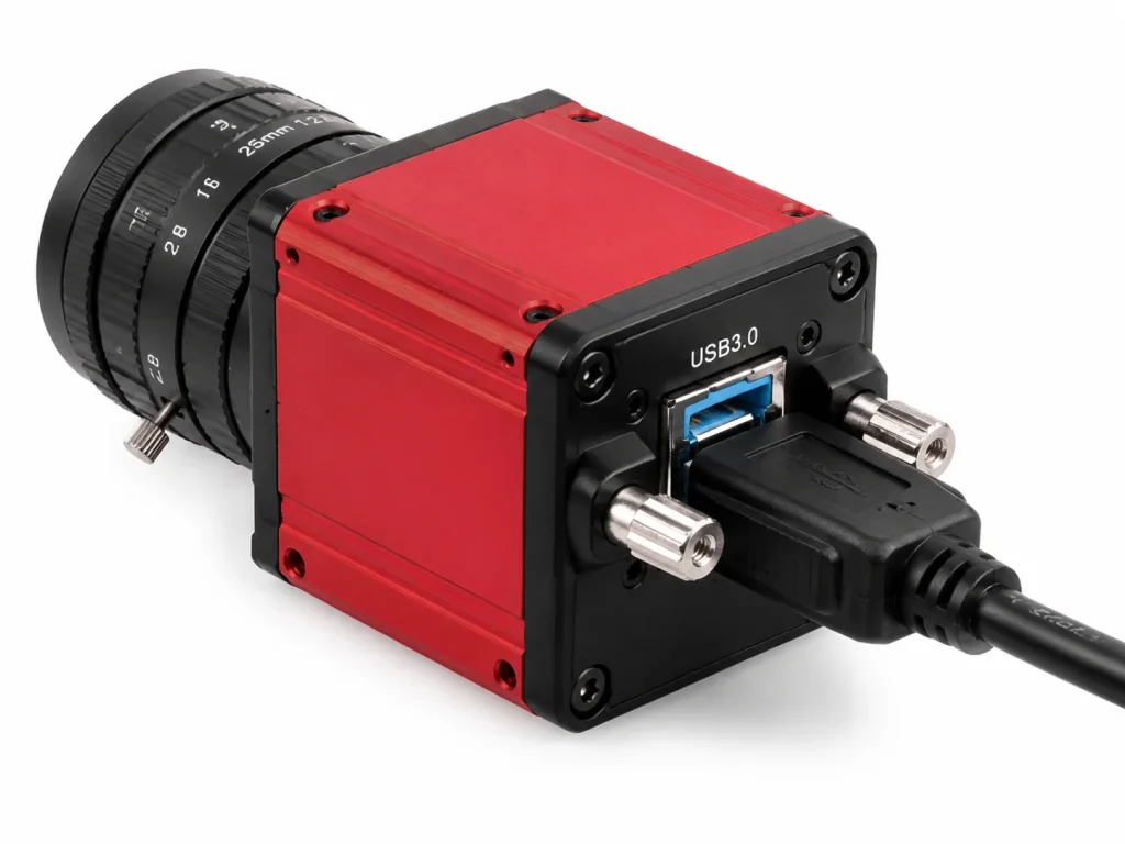 A red aluminum USB 3.0 machine vision camera with a C-mount lens and a thumbscrew-locked Type-B data cable.