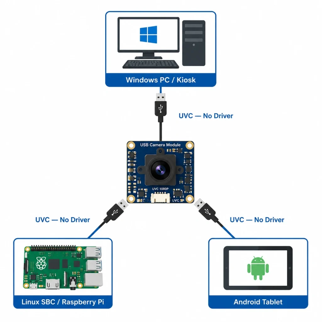 USB camera module UVC integration diagram for kiosk self-service terminal and embedded Linux system