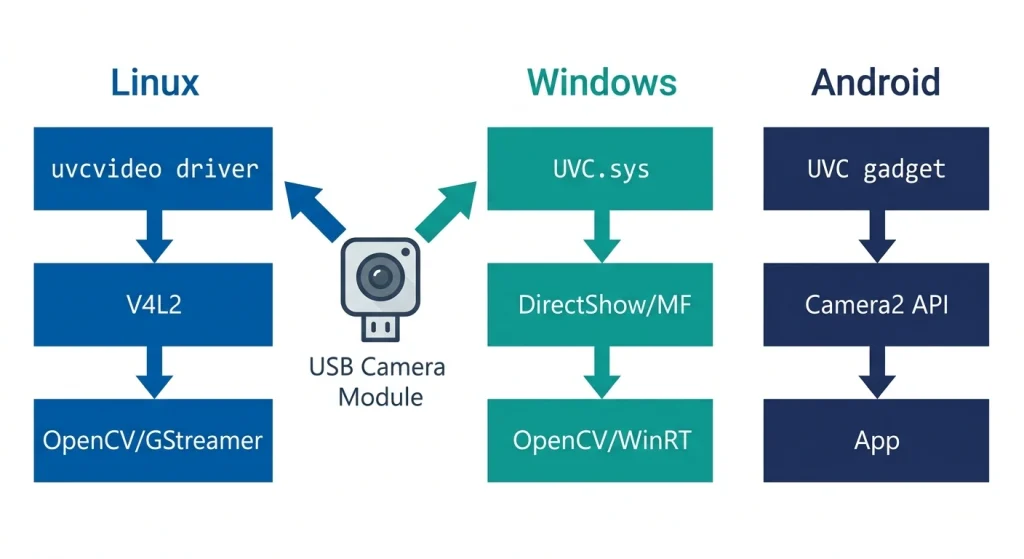 USB camera module Linux Windows Android integration diagram showing V4L2 DirectShow and Camera2 API paths from UVC device to application