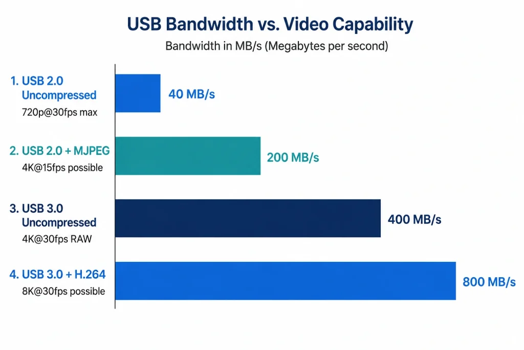 USB camera module bandwidth comparison chart showing USB 2.0 versus USB 3.0 maximum resolutions with and without MJPEG compression