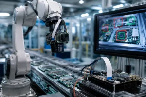 AI vision camera module integrated with industrial robot for automated inspection and machine vision applications