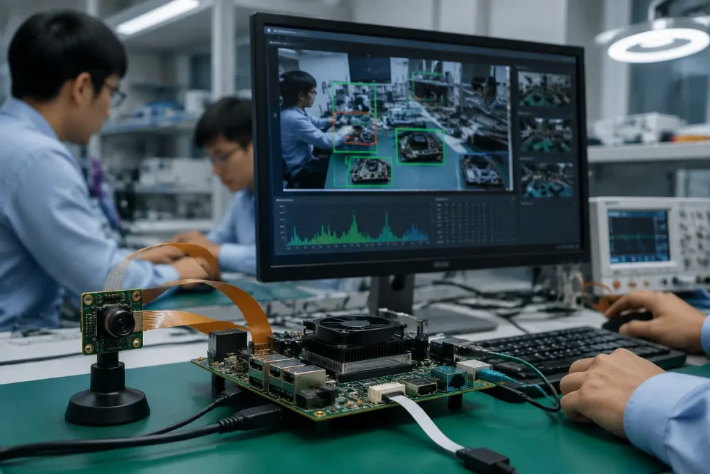 Camera module connected to AI processor showing image processing workflow for computer vision system