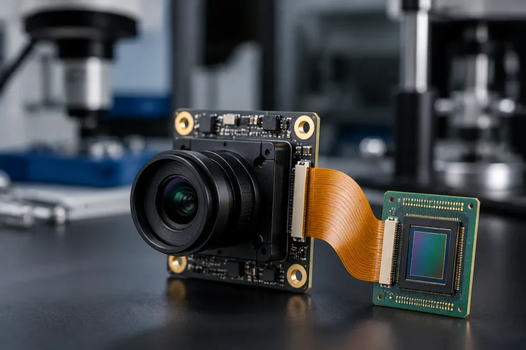 Precision lens and CMOS sensor components inside an AI vision camera module